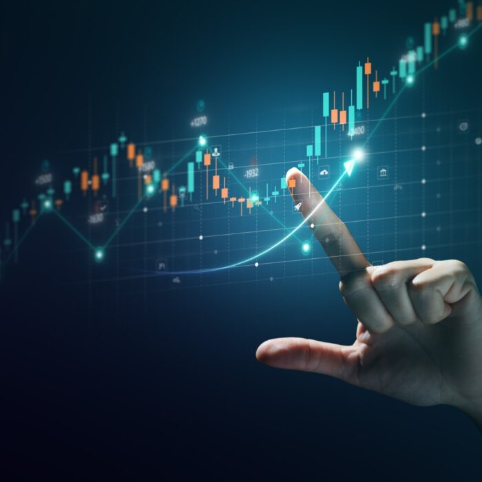 Stock graph and financial chart. Analyze stock market finance volume of stock market with Graph and chart holograph technology. High quality photo