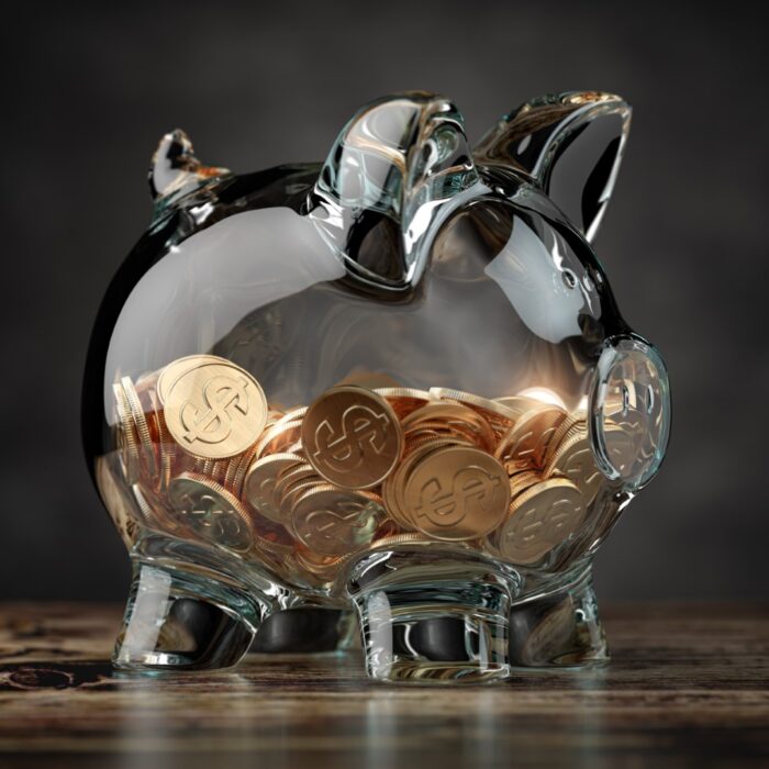 Piggy bank with golden coins. Financial investment, savings and family budget concept background. 3d illustration